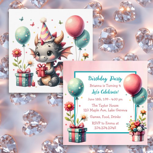 Girls Dragon Themed Birthday Party Invitation