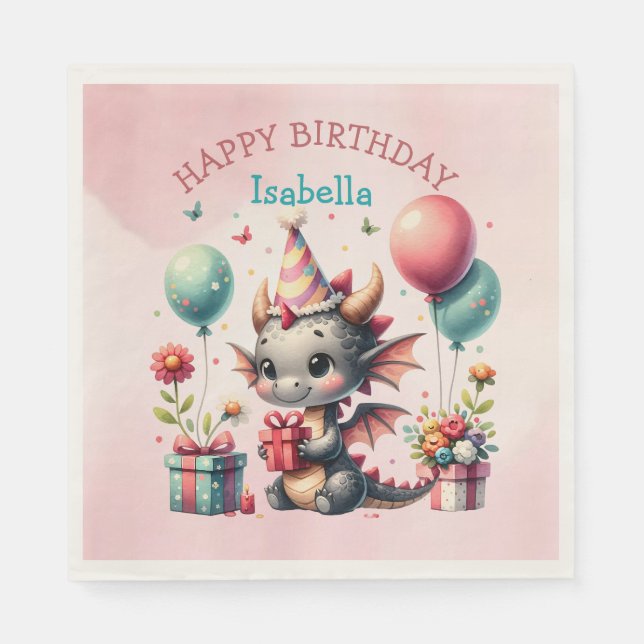 Girl's Dragon Themed Birthday Party Napkins (Front)