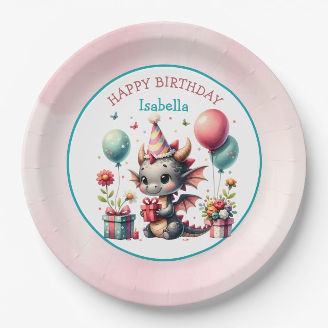 Girl's Dragon Themed Birthday Party Paper Plates (Front)