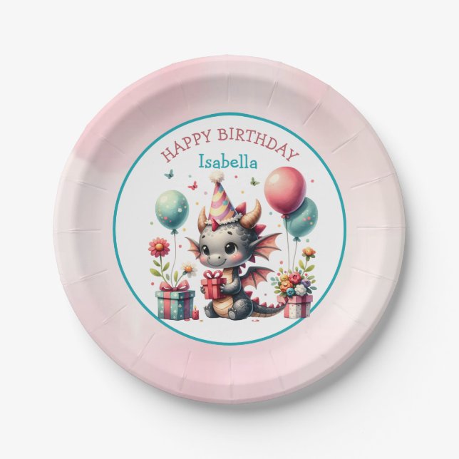 Girl's Dragon Themed Birthday Party Paper Plates (Front)