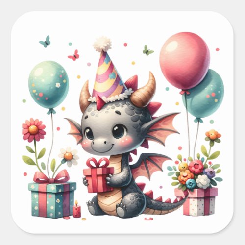 Girls Dragon Themed Birthday Party Square Sticker