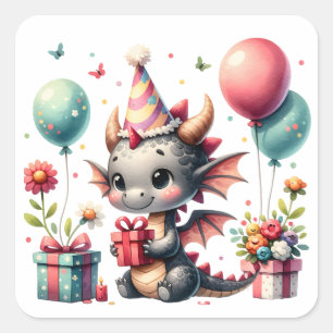 Girl's Dragon Themed Birthday Party Square Sticker