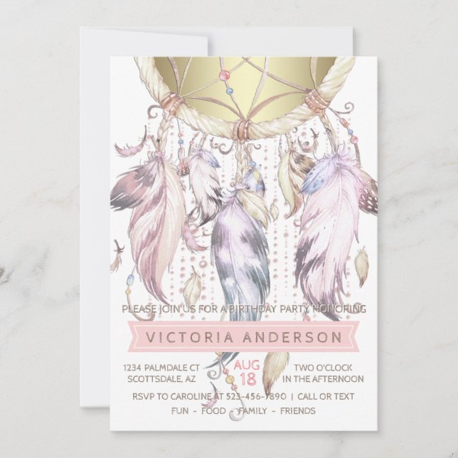 Girls Dream Catcher Birthday Party Invitations (Front)