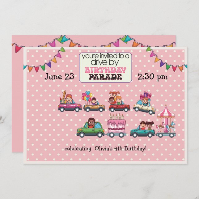 Girl's Drive By Birthday Parade Invitation (Front/Back)