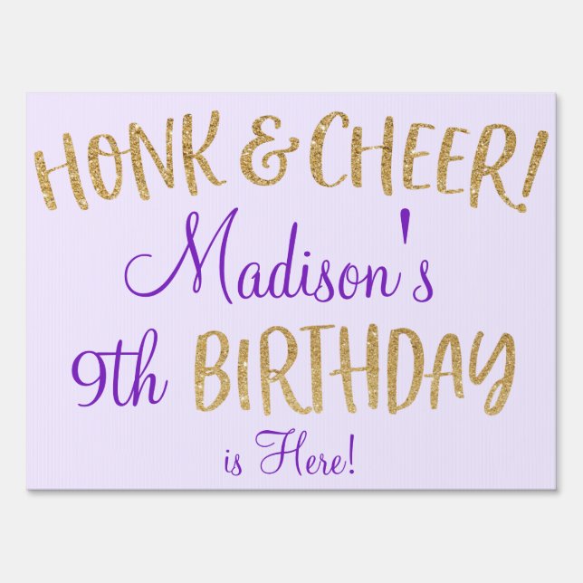 Girls Drive By Birthday Parade Purple Gold Glitter Sign (Front)