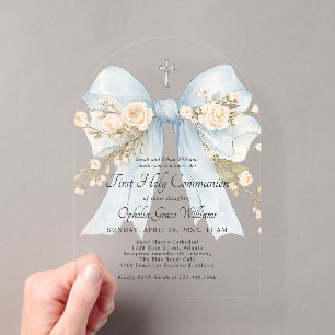 Girl's Dusty Blue Floral Bow First Holy Communion Acrylic Invitations