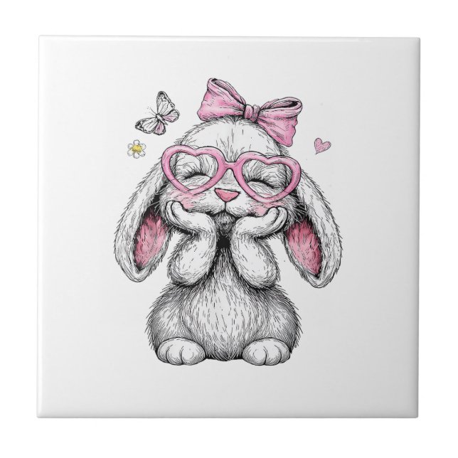 Girls Easter Cute Bunny Face Pink Easter Kids Todd Ceramic Tile (Front)