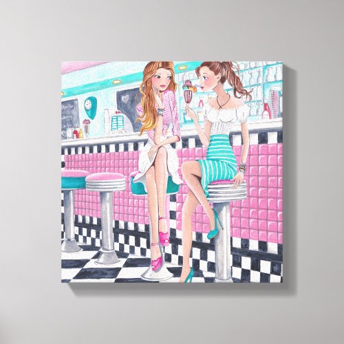 Girls eating ice cream in a diner bar canvas print