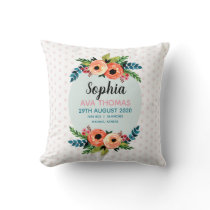Girls Elegant and Cute Floral Birth Stats Nursery Throw Pillow