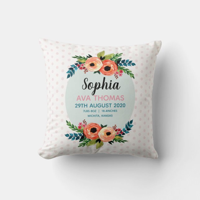 Girls Elegant and Cute Floral Birth Stats Nursery Throw Pillow (Front)