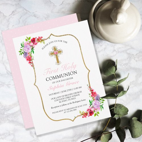 Girls Elegant Pink Floral First Holy Communion  Invitation