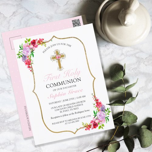 Girls Elegant Pink Floral First Holy Communion  Postcard