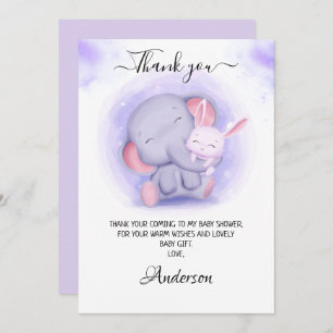 Girl's Elephant and Baby Rabbit Baby Shower Thank You Card