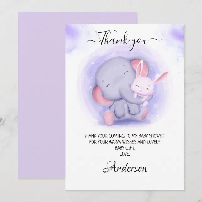 Girl's Elephant and Baby Rabbit Baby Shower Thank You Card | Zazzle
