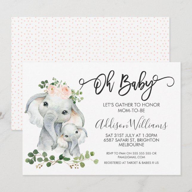 Girls Elephant And Foliage Baby Shower Invitation (Front/Back)