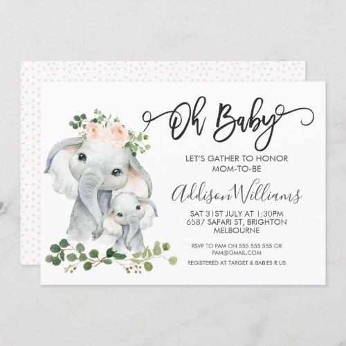 Girls Elephant And Foliage Baby Shower Invitation - Girls Elephant And Foliage Baby Shower Invitation

Sweet girl's safari animals baby shower invitation featuring an elephant and her calf as well as a decorative black calligraphy heading and pink floral arrangement and foliage.  This is a sweet way to invite guests to a little girl's elephant themed baby shower.