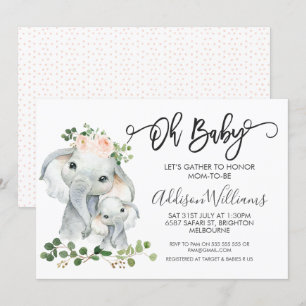 Girls Elephant And Foliage Baby Shower Invitation