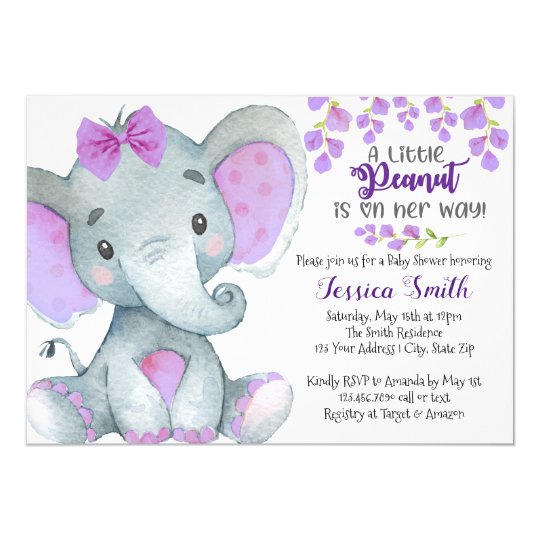 Girls Elephant Baby Shower Invitation, Purple Girl Invitation