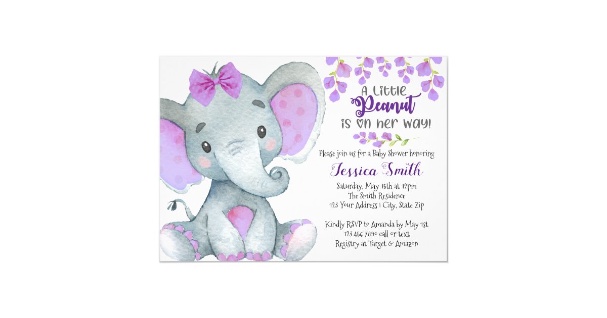Girls Elephant Baby Shower Invitation, Purple Girl Invitation