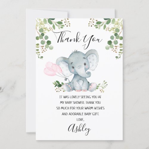Girls Elephant Baby Shower Thank You Card