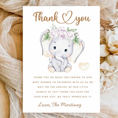 Girls elephant baby shower thank you card