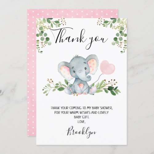 Girls Elephant Baby Shower Thank You Card