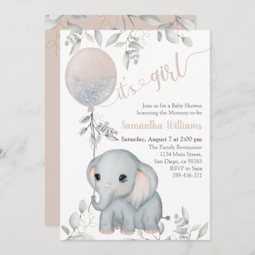 Girls Elephant  Balloon Watercolor Baby Shower Invitation