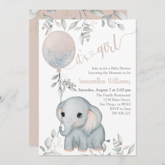 Girl's Elephant & Balloon Watercolor Baby Shower Invitation (Front/Back)