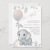 Girl's Elephant & Balloon Watercolor Baby Shower Invitation (Front)