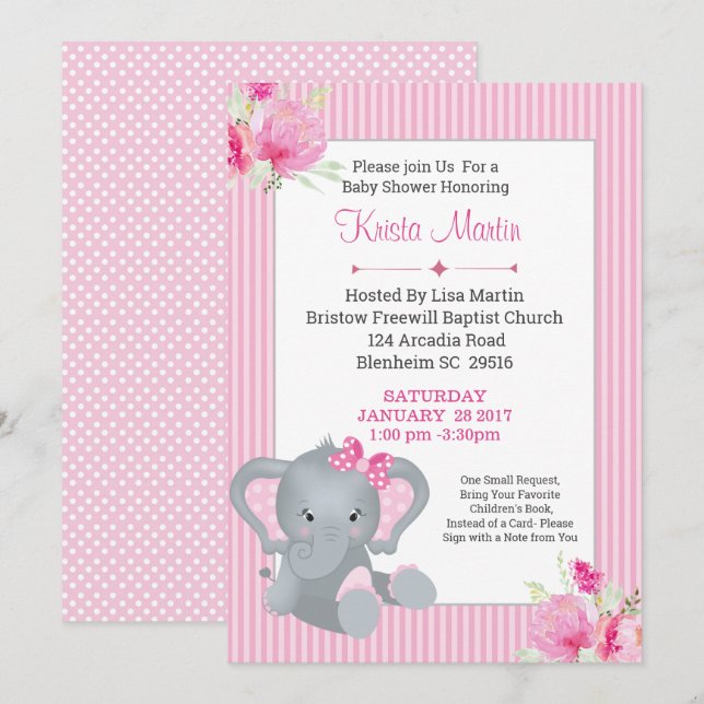Girls  Elephant Floral Bring a Book Baby Shower Invitation (Front/Back)