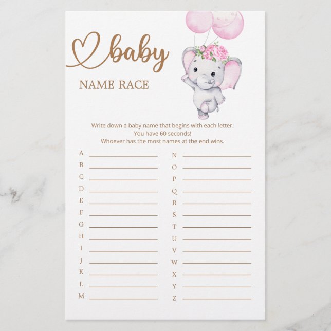Girl's Elephant & Flower Baby Name Race Game (Front)