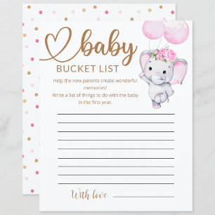 Girl's Elephant & Flower Baby Shower Bucket List