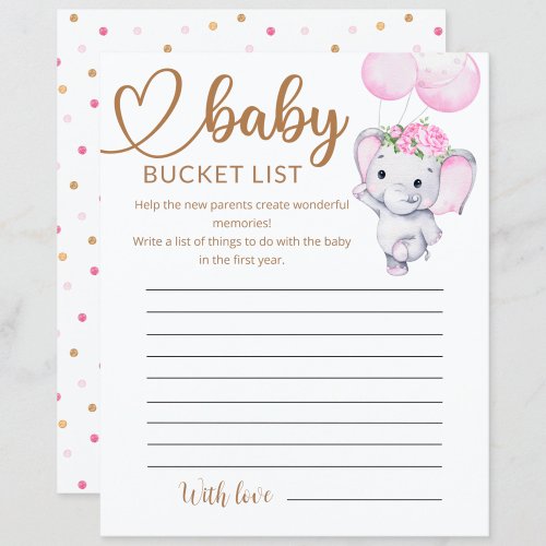 Girls Elephant  Flower Baby Shower Bucket List