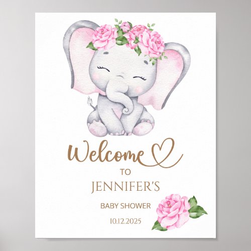 Girls Elephant  Flower Baby Shower Welcome  Poster