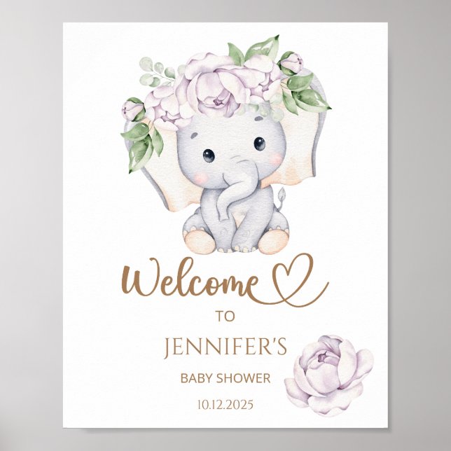 Girl's Elephant & Flower Baby Shower Welcome  Poster (Front)