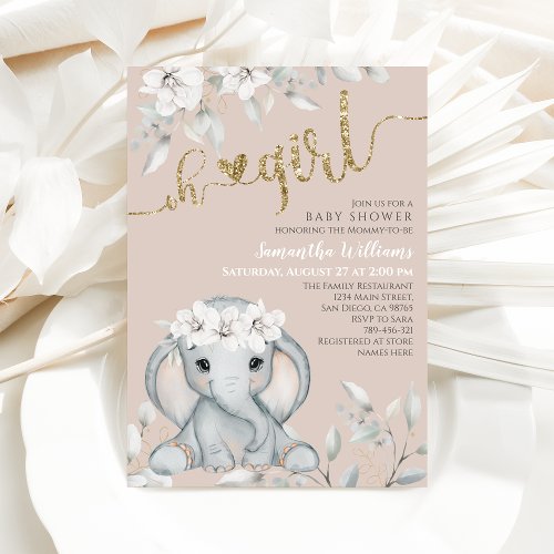 Girls Elephant  Flower Gold Glitter Baby Shower Invitation