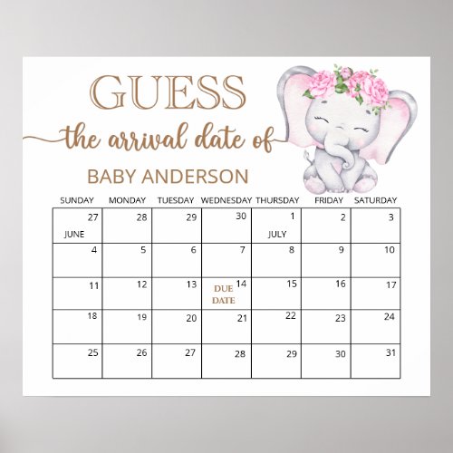 Girls Elephant  Flower Guess Due Date Calendar P Poster