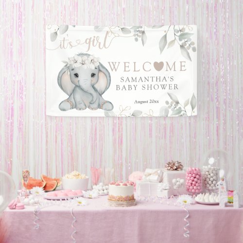 Girls Elephant  Flower Watercolor Baby Shower  Banner