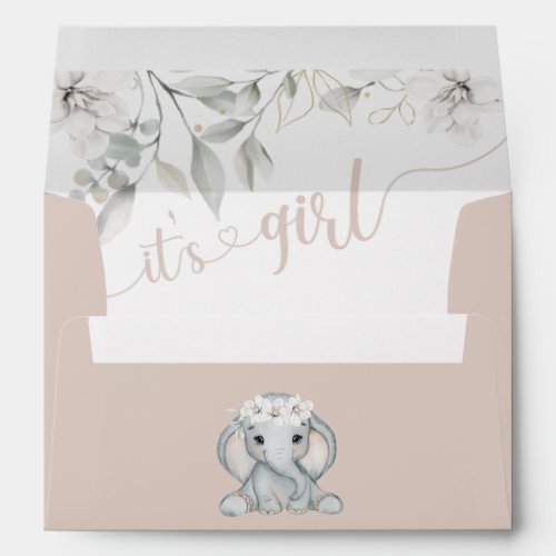 Girls Elephant  Flower Watercolor Baby Shower  Envelope