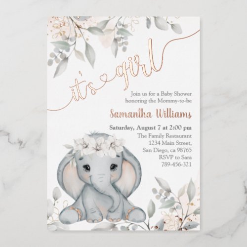 Girls Elephant  Flower Watercolor Baby Shower Foil Invitation