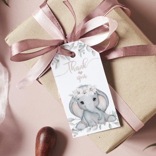 Girls Elephant  Flower Watercolor Baby Shower Gift Tags