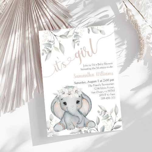 Girl's Elephant & Flower Watercolor Baby Shower