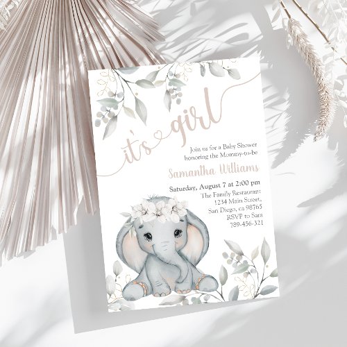 Girls Elephant  Flower Watercolor Baby Shower Invitation