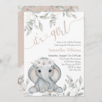 Girl's Elephant & Flower Watercolor Baby Shower Invitation