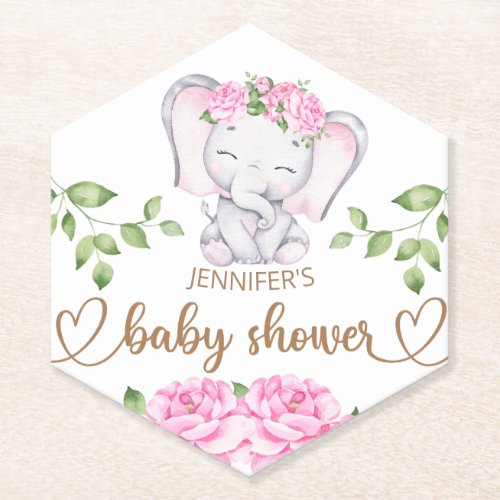 Girls Elephant  Flower Watercolor Baby Shower Paper Coaster