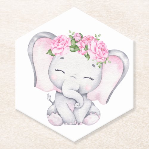 Girls Elephant  Flower Watercolor Baby Shower Paper Coaster