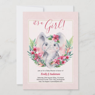 GIRLS Elephant Flowers Baby Shower GENDER REVEAL Invitation