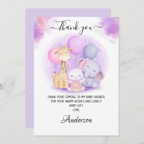 Girls Elephant Giraffe Rabbit Baby Shower Thank You Card