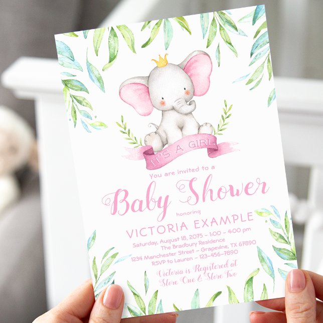 Girls Elephant Princess Baby Shower Invitations