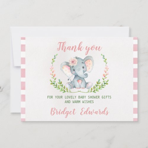 Girls Elephant Thank You Baby Shower Card - This girl's watercolor elephant baby shower thank you flat card features a floral and foliage arrangement and cute elephant on a scanned watercolor paper image.  Similar design baby shower invitation is also available at the store. This girl's water elephant baby shower thank you card is ready to be personalized.